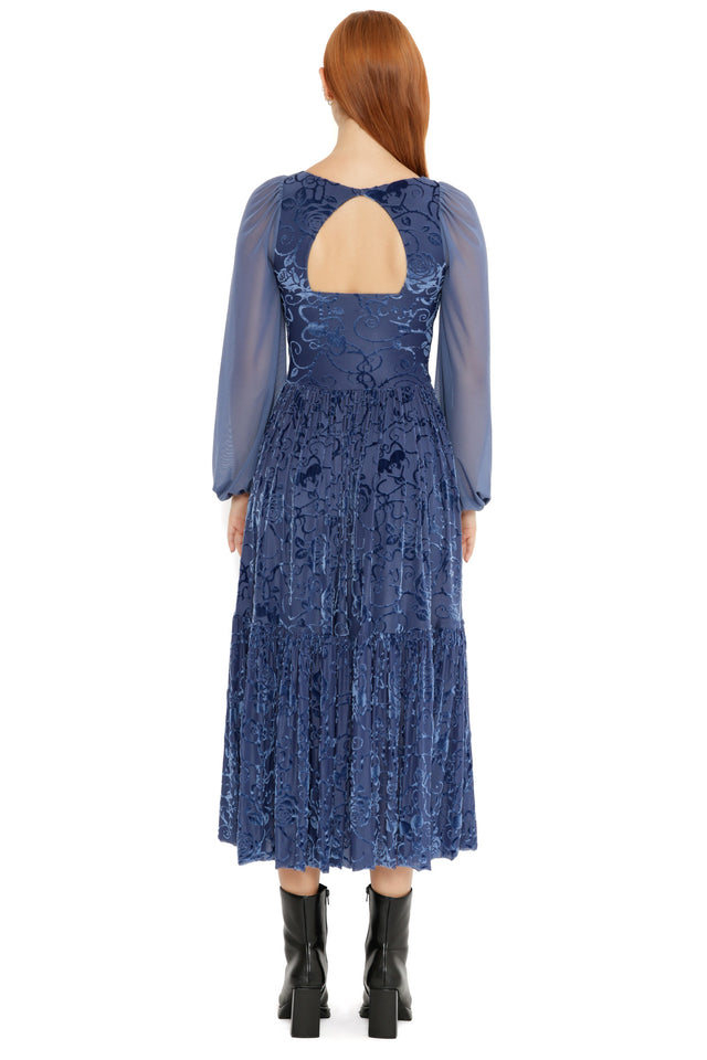 Front view of the Be With Me Always Slate Burned Velvet Fae Queen Dress, a romantic midi dress with sheer long sleeves, square neckline and soft floral burned velvet fabric from the Wuthering Heights collection