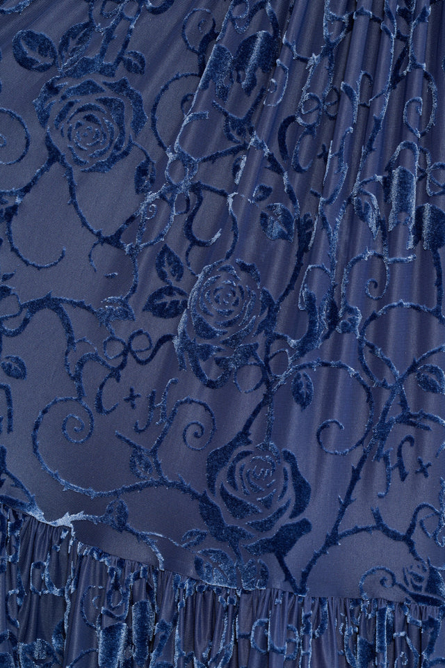 Wuthering Heights Be With Me Always Dress in slate burned velvet, a fae-inspired midi dress with sheer sleeves, square neckline and soft flowing skirt