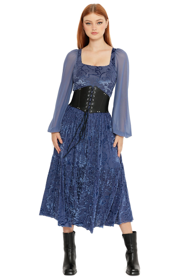 Slate blue Be With Me Always Burned Velvet Fae Queen Dress styled with a black corset belt, showcasing sheer puff sleeves, square neckline and romantic velvet texture from the Wuthering Heights collection