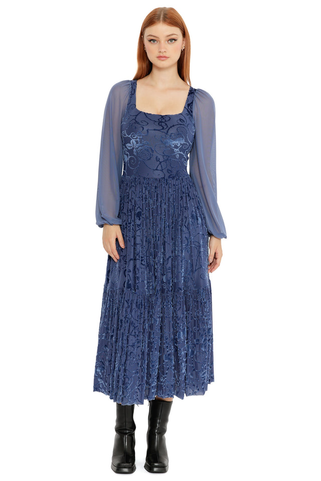 Be With Me Always Fae Queen Dress in slate blue burned velvet, featuring a fitted bodice, sheer sleeves and flowing tiered skirt inspired by gothic romance in the Wuthering Heights collection