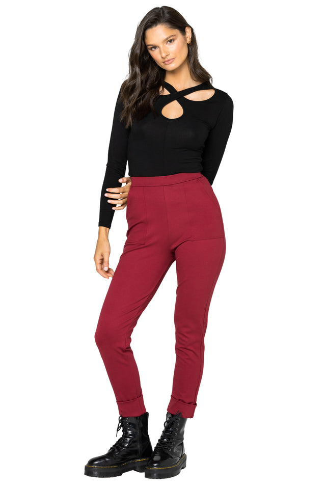 Berry Push It Ponte High Waisted Cuffed Pants