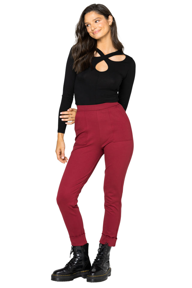 Berry Push It Ponte High Waisted Cuffed Pants
