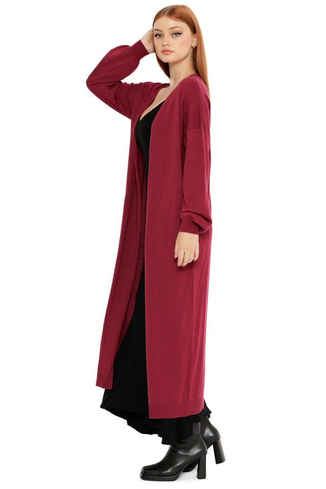 Front view of the Berry Super Cardigan, a deep berry coloured longline cardigan featuring long sleeves, soft knit fabric and flowing silhouette