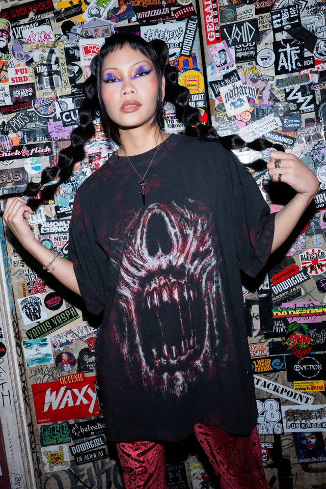 BlackMilk Bite Me Big Tee in black – oversized unisex Halloween monster mouth graphic print tee, part of the BlackMilk Clothing Halloween collection