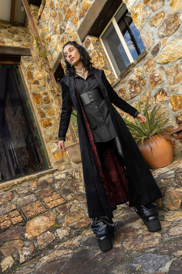 black long dress coat BlackMilk | Goth Clothing | Black Cursed Bats Velvet Trench Coat | Black