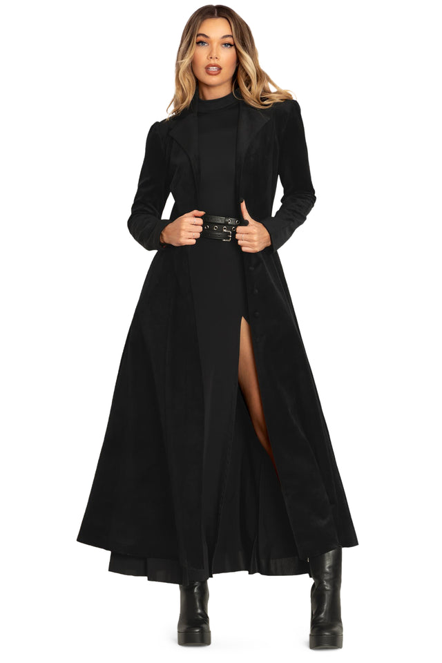 Black Cursed Bats Velvet Trench Coat front