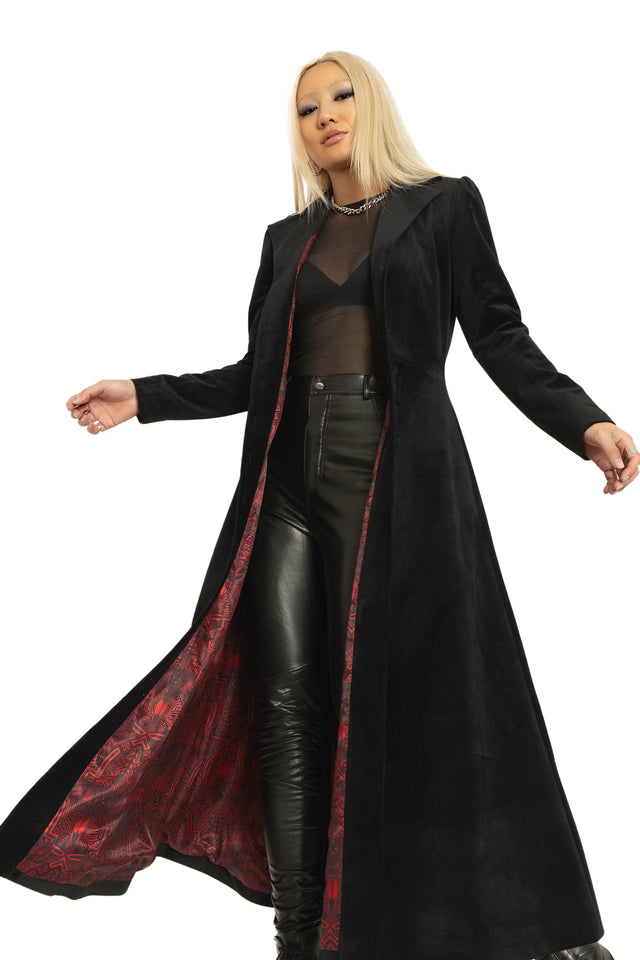 Black Cursed Bats Velvet Trench Coat wide 