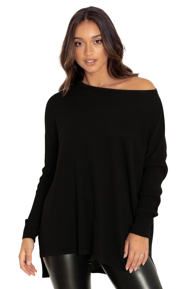 Black High Low Knit Oversized Sweater closeup