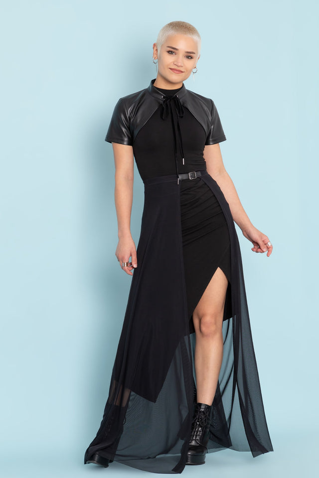 BlackMilk Clothing - Black High Neck Asymmetric Dress - Wielder of Magic Bolero Sheer Overlay Maxi Skirt