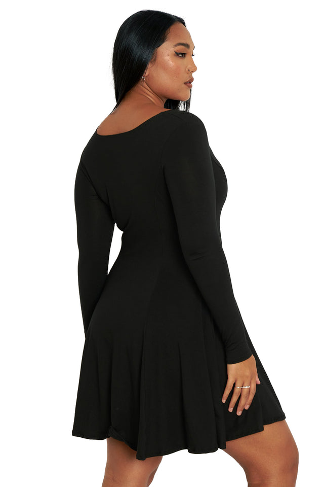 Black Long Sleeve Skater Dress back