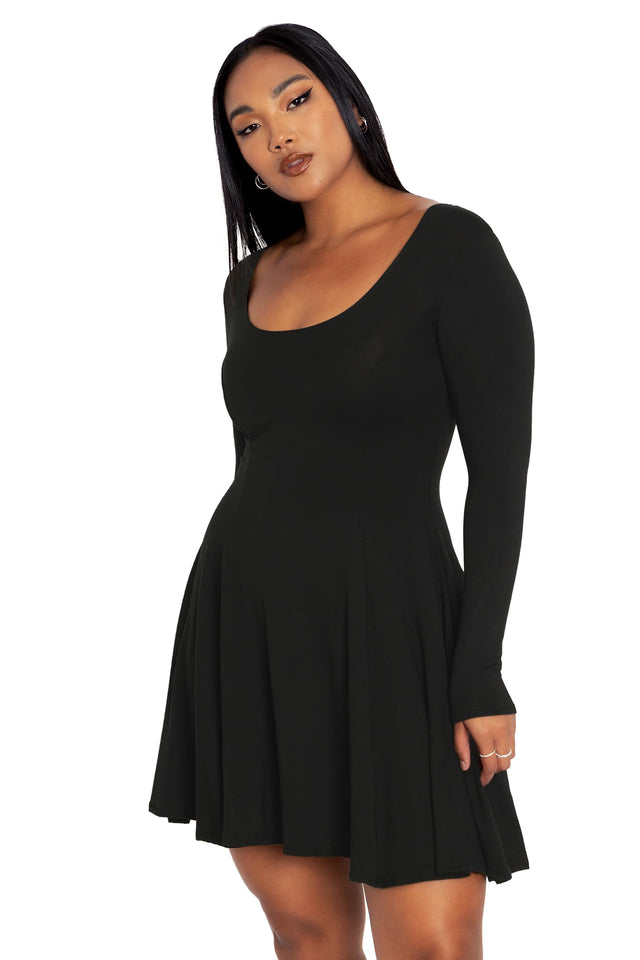 Black Long Sleeve Skater Dress closeup