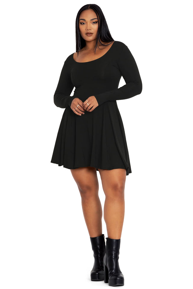 Black Long Sleeve Skater Dress front