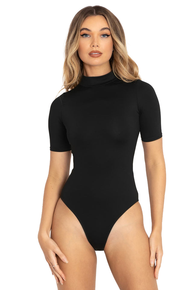 BlackMilk Clothing - Black Matte High Neck Short Sleeve Bodysuit