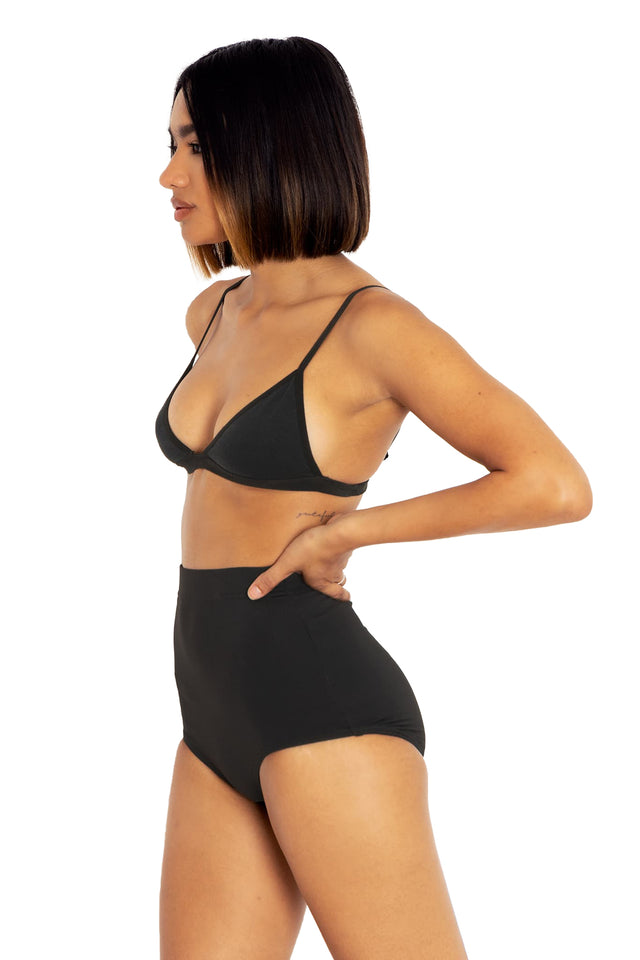 Black Matte High Waisted Swim Suit Bottoms side