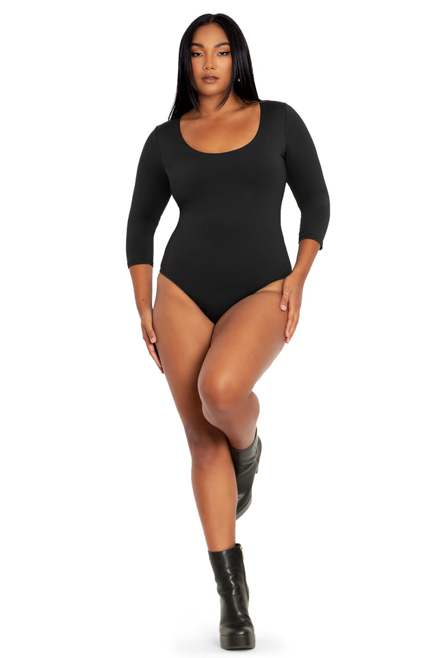 BlackMilk Clothing - Black Matte Three Quarter Sleeve Bodysuit