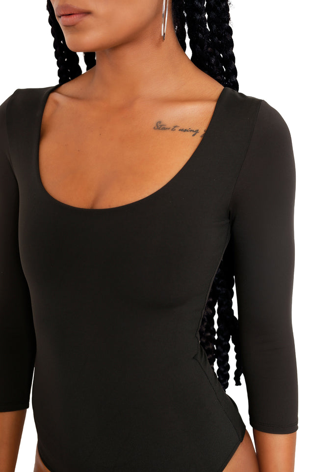 Black Matte Three Quarter Sleeve Bodysuit print