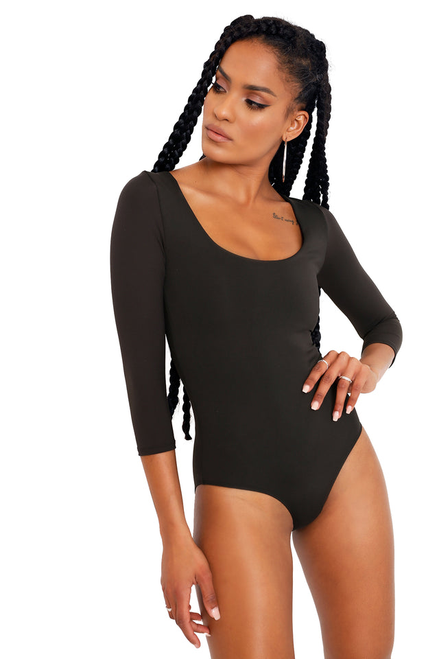 Black Matte Three Quarter Sleeve Bodysuit wide 