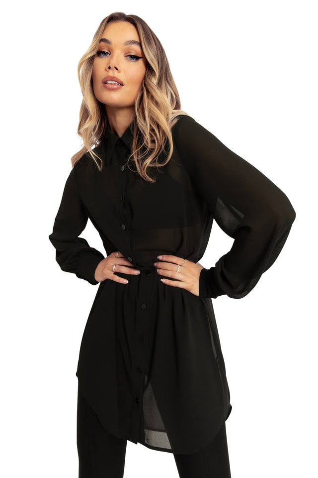 Black Sheer Long Sleeve Oversized Shirt Dress closeup 