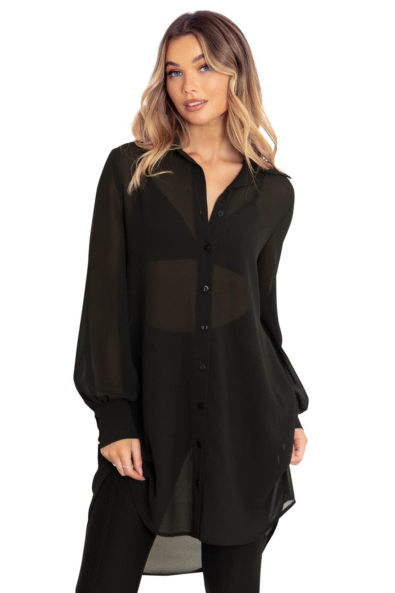 Black Sheer Long Sleeve Oversized Shirt Dress – BlackMilk Clothing