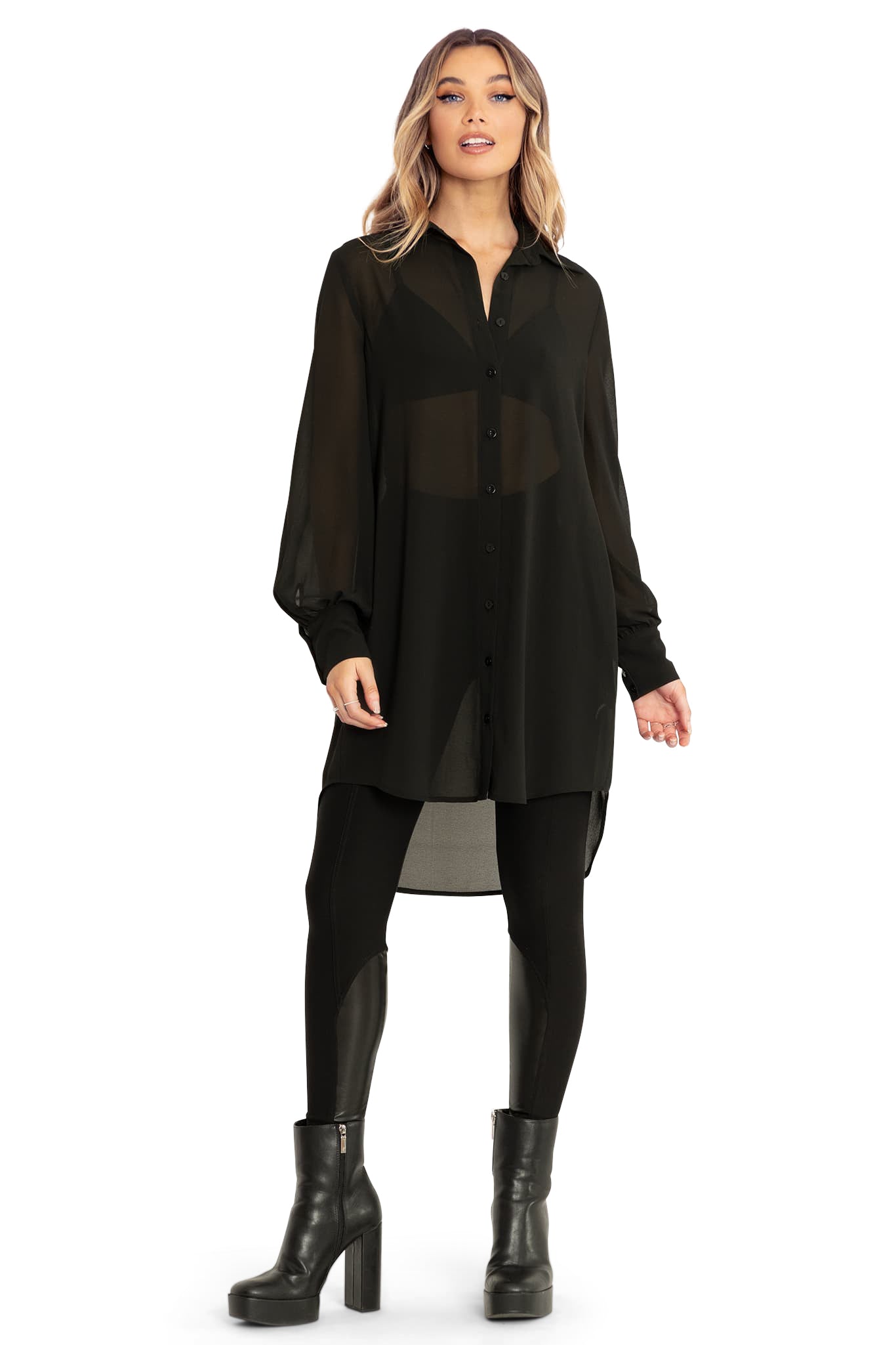 Button Down Sheer Black Shirt Dress Women's Casual Mesh See