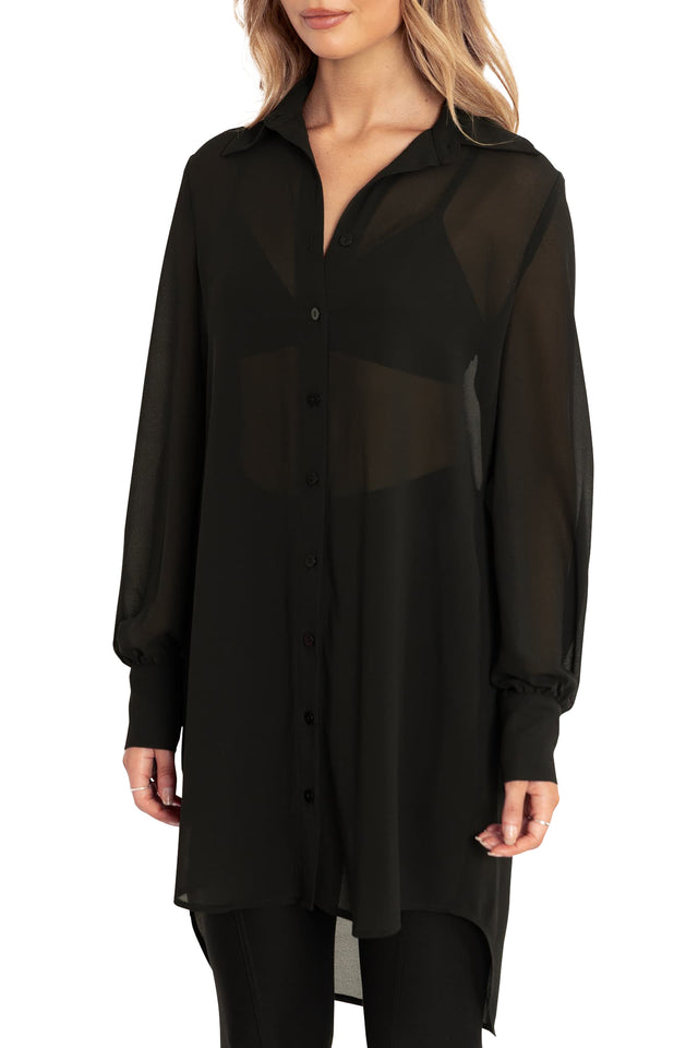 Black Sheer Long Sleeve Oversized Shirt Dress print