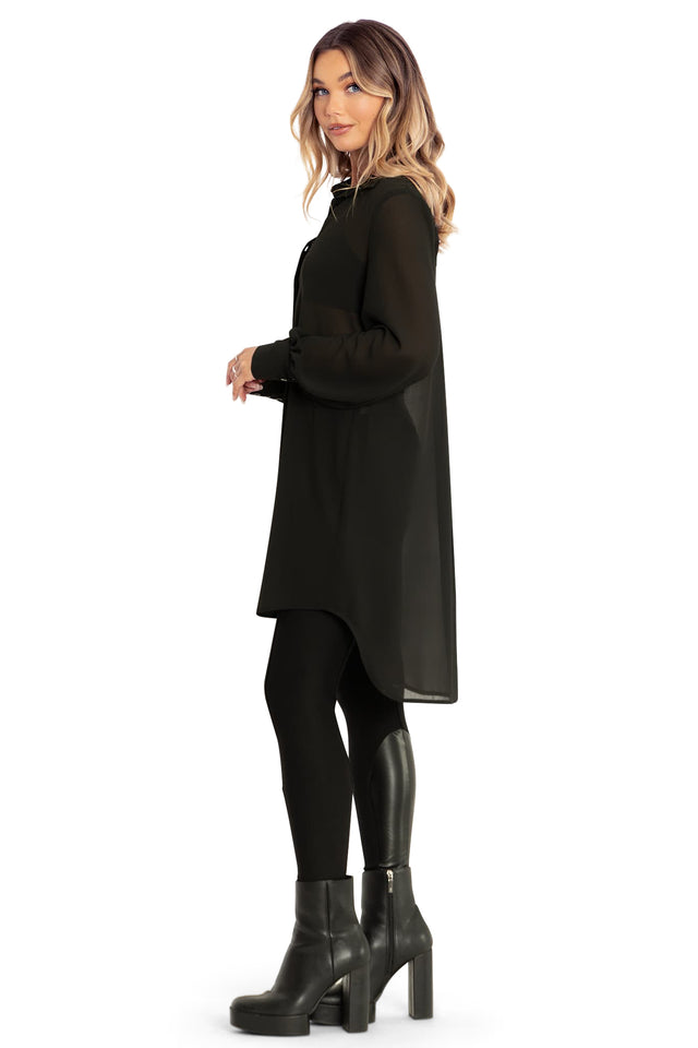 Black Sheer Long Sleeve Oversized Shirt Dress side