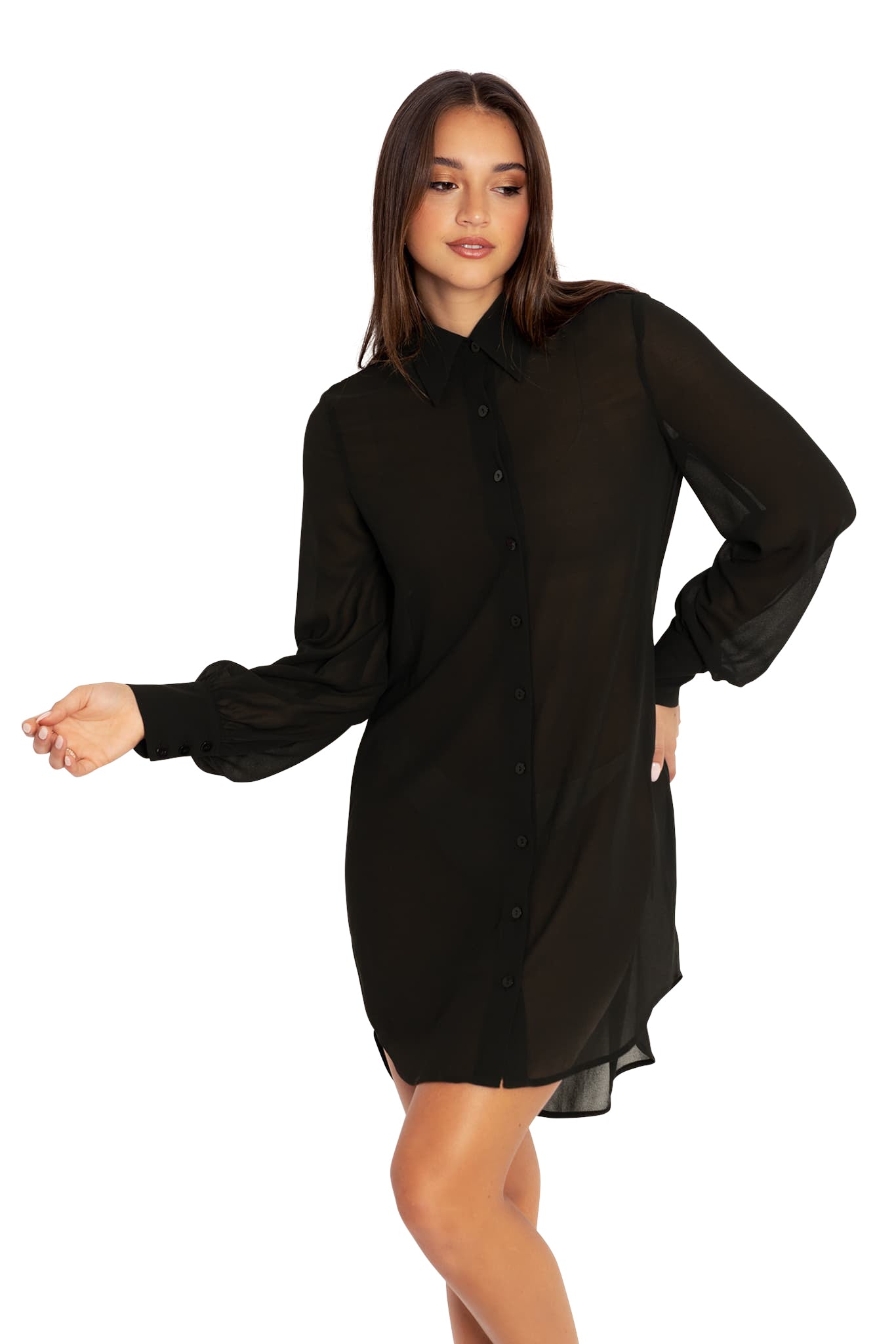 Black Sheer Long Sleeve Oversized Shirt Dress BlackMilk Clothing