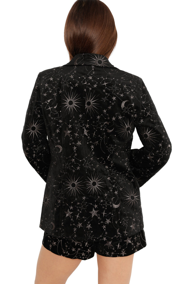 black tailored blazer with metallic star print holiday outfit inspiration