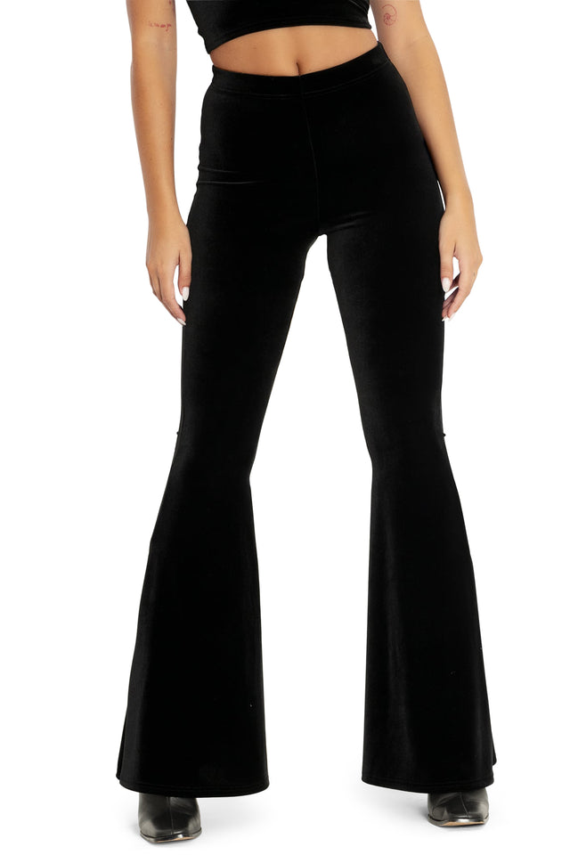 Black Velvet High Waisted Flare Pants Closeup