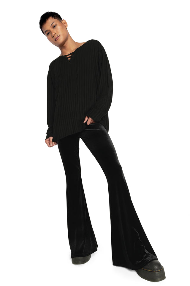 Black Velvet High Waisted Flare Pants Wide