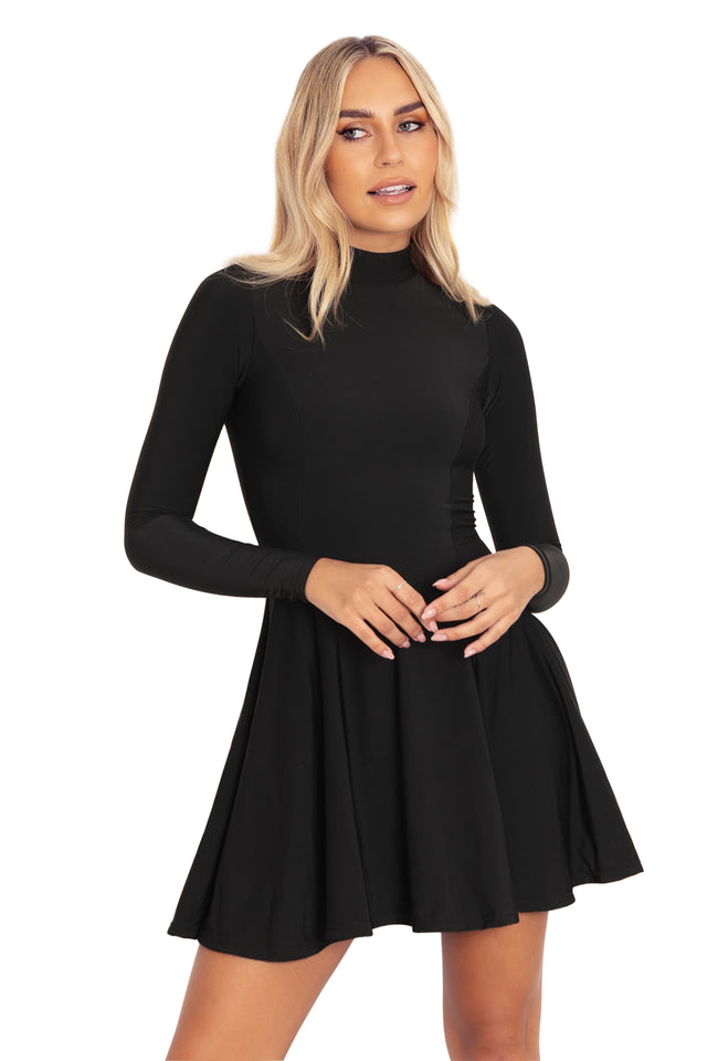 Black Warm Long Sleeve Mini Skater Dress Closeup