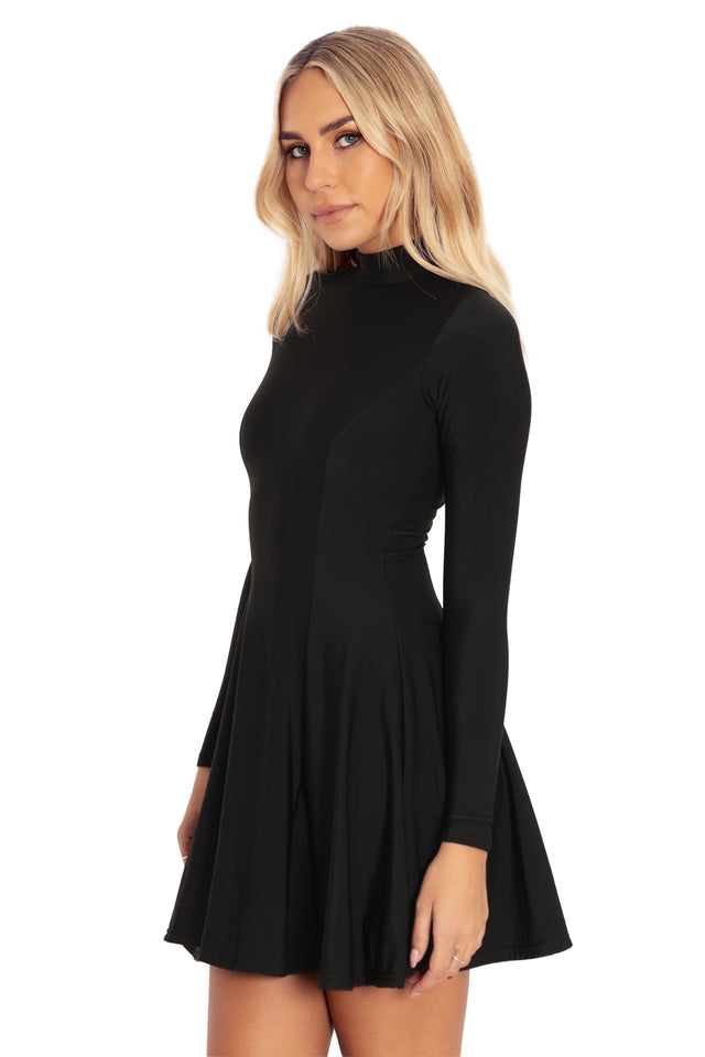 Black Warm Long Sleeve Mini Skater Dress Side