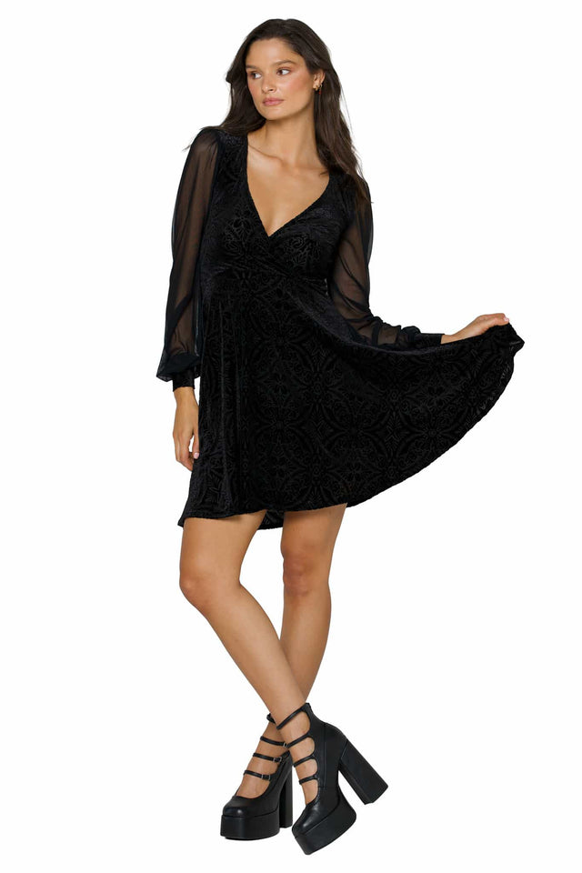Black Burned Velvet Sheer Romance Longline Dress