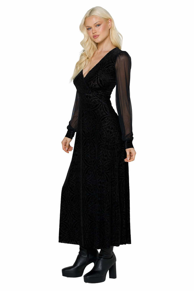 Black Burned Velvet Sheer Romance Maxi Dress