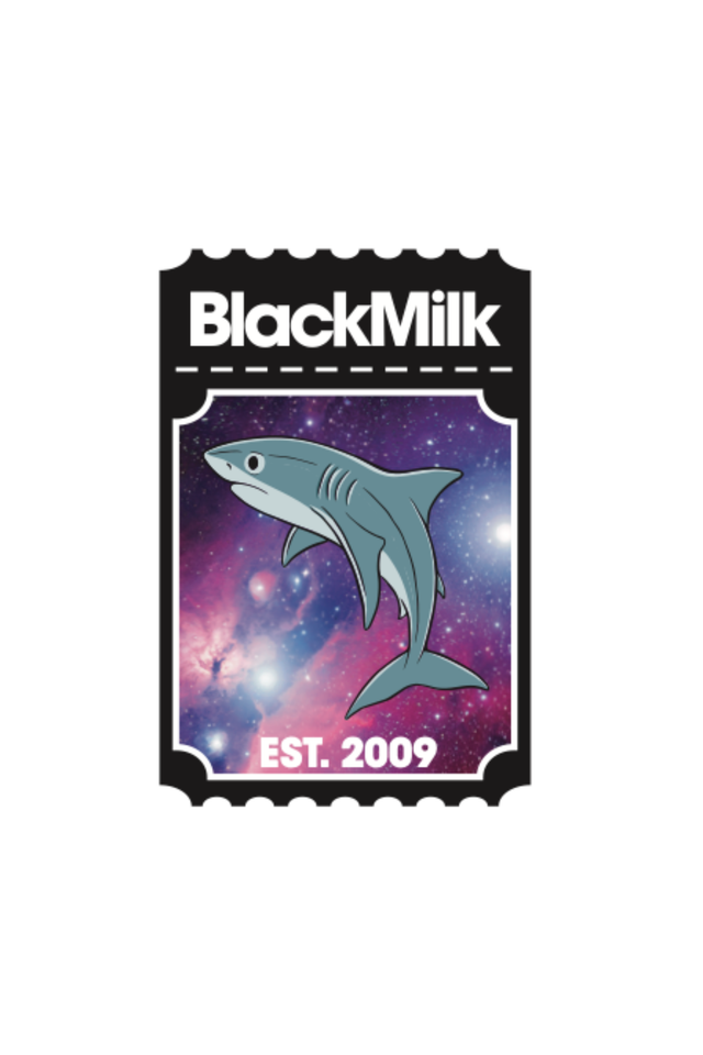 BlackMilk product packaging with a shark illustration on a purple and pink galaxy background