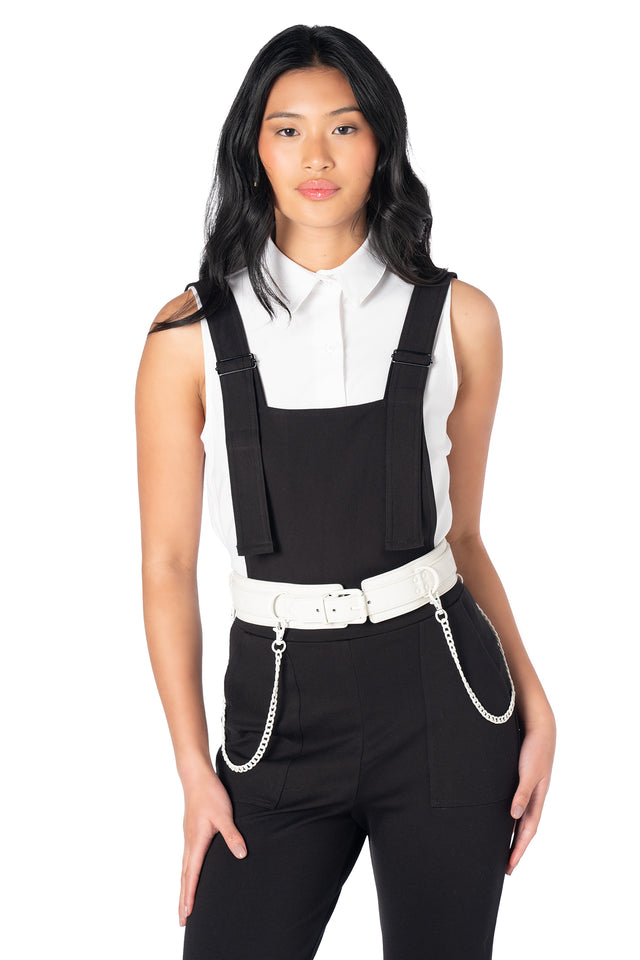 white fashion belt with detachable silver chains, vegan leather construction and adjustable front and back buckles, creating a versatile statement accessory for alternative wardrobes.