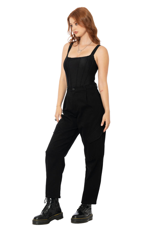 BlackMilk black barrel leg cargo pants with a relaxed utility-inspired fit, oversized cargo pockets, stretch cotton construction and seam panel detailing for alternative everyday style.