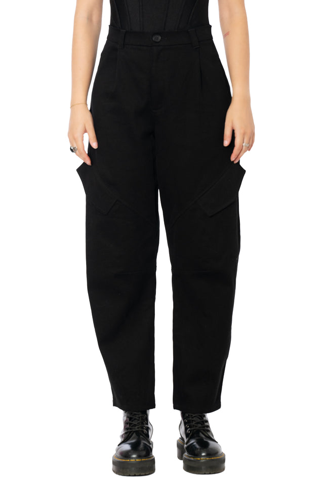 Black utility cargo trousers featuring a relaxed barrel leg shape, practical oversized pockets, seam panel detailing and comfortable stretch cotton for everyday wear.