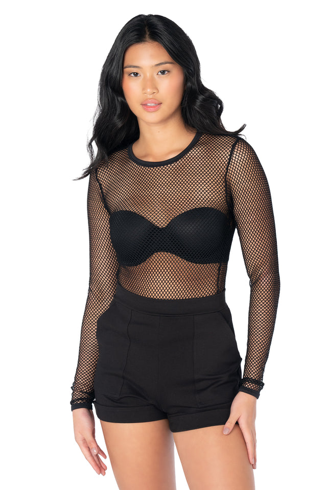 Black fishnet long sleeve top featuring sheer stretch mesh fabric, a flattering boat neckline and a lightweight layering silhouette perfect for alternative and gothic fashion.