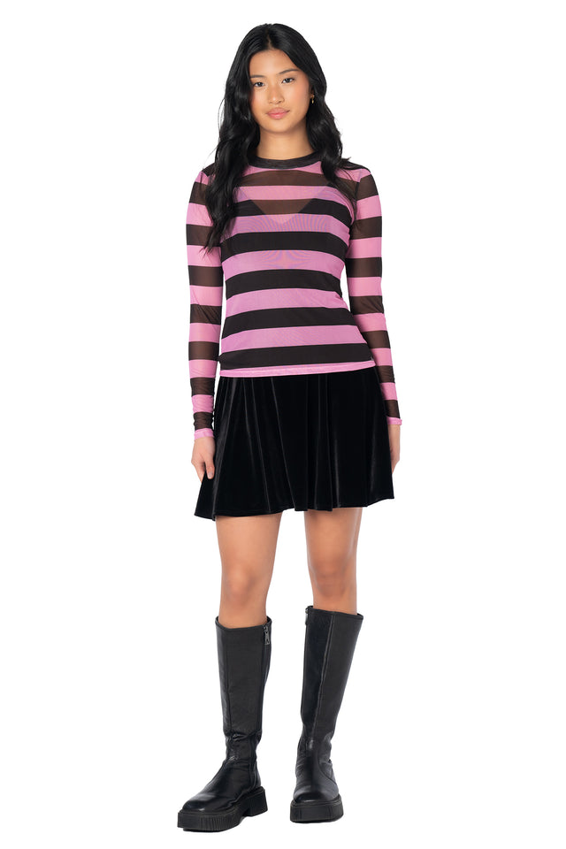 Pink striped alternative mesh top with sheer long sleeves and soft stretch fabric, ideal for creating grunge, punk and streetwear-inspired outfits.