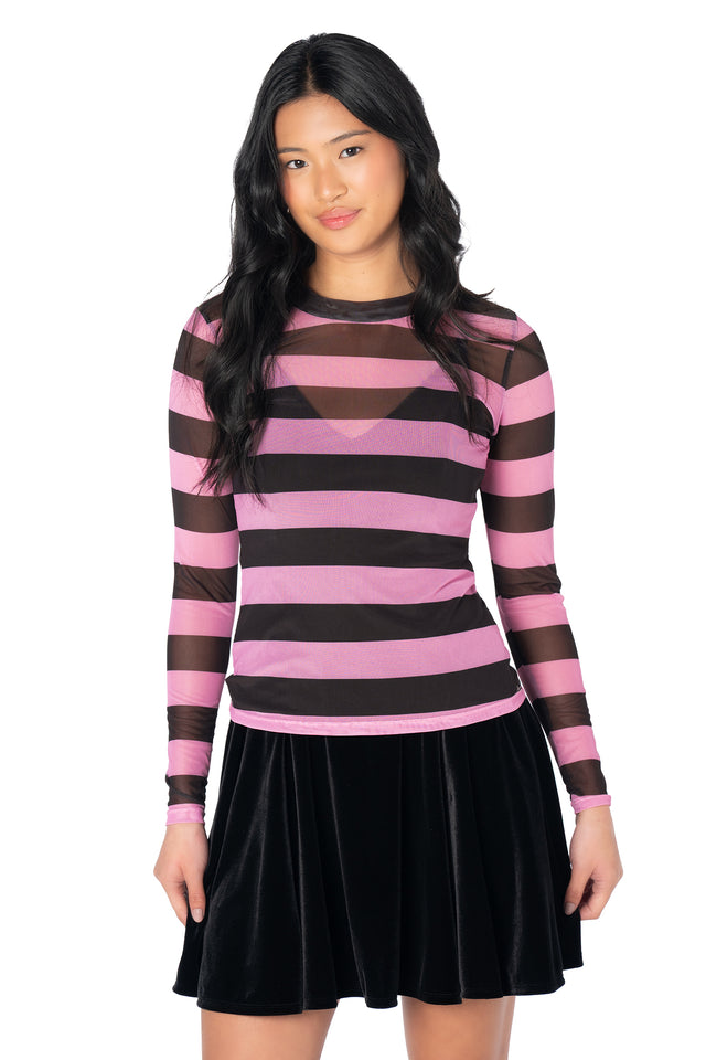 Alternative pink and black striped mesh long sleeve top crafted from sheer stretch fabric with a flattering fitted silhouette for everyday statement dressing.