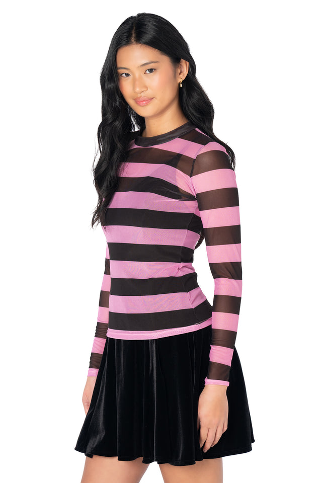 Sheer striped mesh top featuring bold pink and black horizontal stripes, lightweight fabric and long sleeves for edgy Y2K and alternative fashion styling.