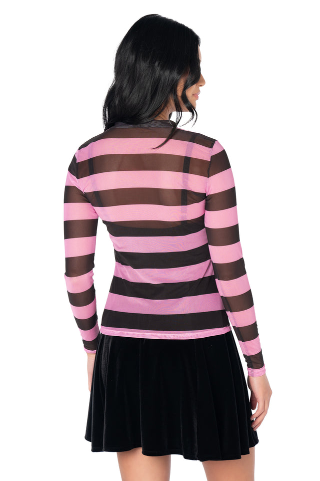 Fitted pink and black striped long sleeve mesh shirt with transparent stretch fabric, designed for layering over bralettes, tanks and bodysuits.