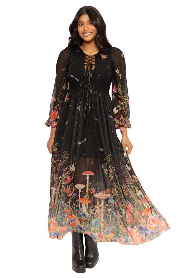 Fairytale Floral Sheer Bishop Maxi Dress
