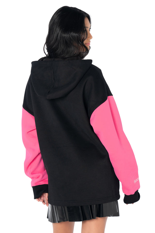 BlackMilk oversized skeleton hoodie featuring rainbow rib graphics, bright pink sleeves, heavyweight fleece lining, a fully lined hood and comfortable boxy silhouette.