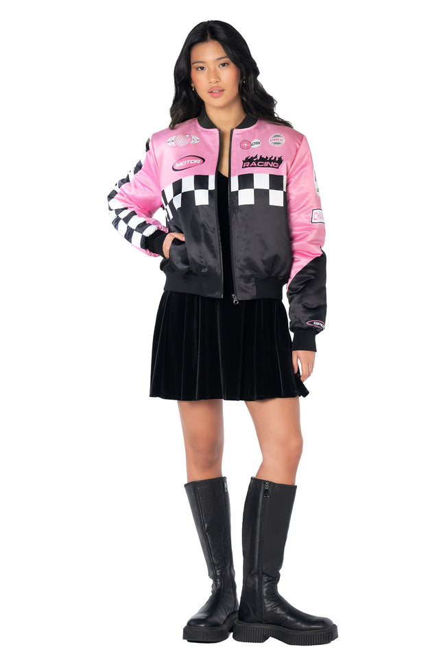 Alternative streetwear racing jacket with holographic patches, oversized silhouette, zip front fastening, bold BMR branding and functional pockets for casual everyday outfits.