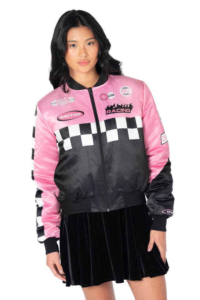 Relaxed fit BMR racing jacket featuring holographic motorsport patches, bold back graphic, functional pockets and classic racing-inspired styling for alternative streetwear and everyday layering.