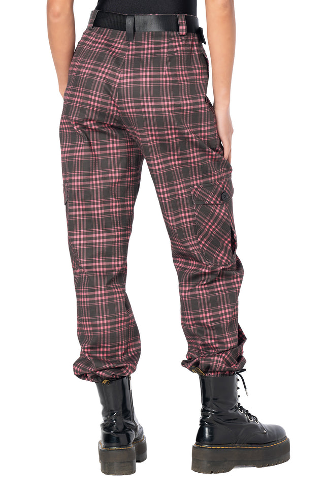 Alternative pink tartan cargo pants made from sturdy cotton-rich woven fabric with oversized cargo pockets, elastic cuffed ankles and adjustable belt detailing.