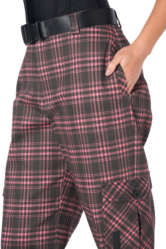 BlackMilk pink tartan cargo pants with oversized utility pockets, adjustable removable belt, vegan leather patch details and a relaxed alternative fashion silhouette.