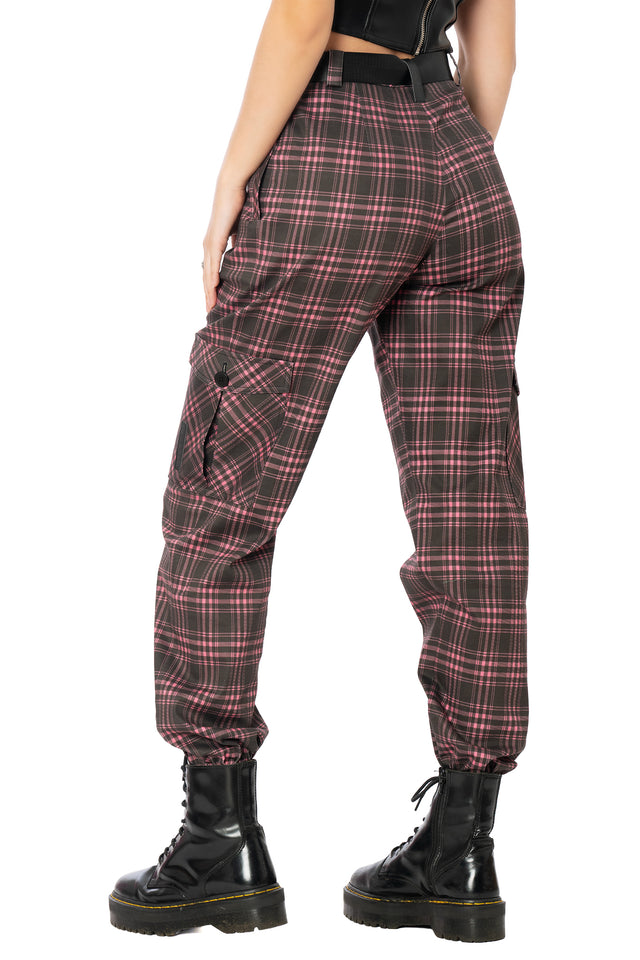Relaxed fit pink plaid cargo pants featuring spacious utility pockets, removable buckle belt, zip front closure and elastic cuffs for casual streetwear styling.